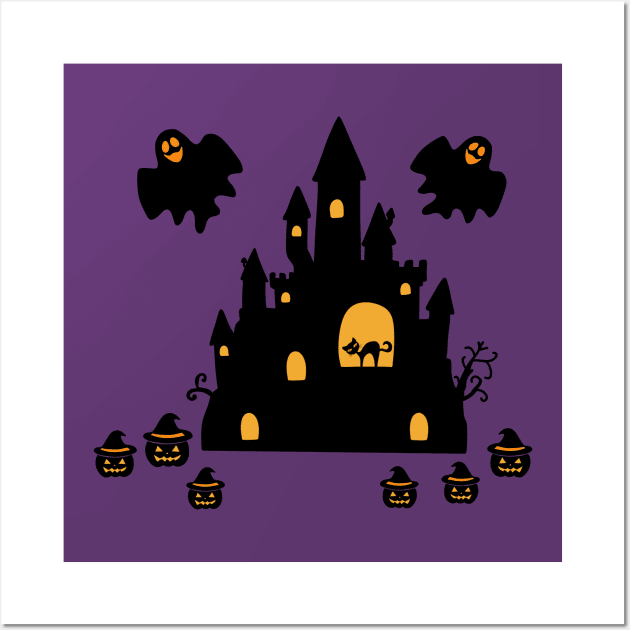 Spooky Halloween Ghost Pumpkin Black Cat Graveyard Church Wall Art by BellaPixel